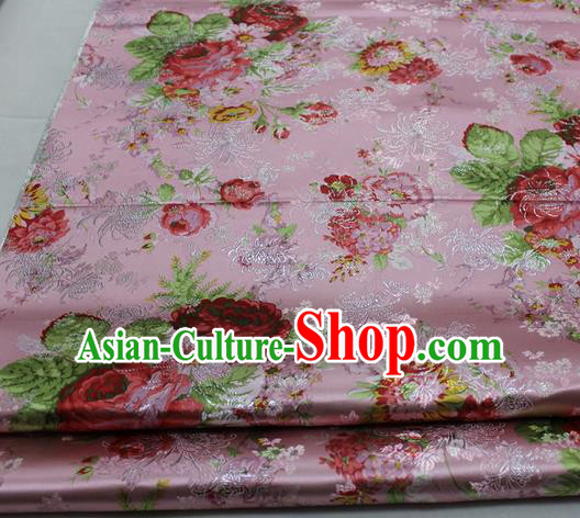 Chinese Traditional Fabric Royal Peony Pattern Pink Brocade Material Hanfu Classical Satin Silk Fabric