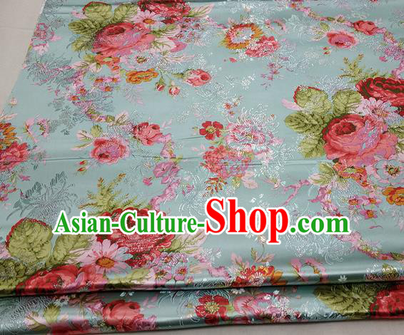 Chinese Traditional Fabric Royal Peony Pattern Green Brocade Material Hanfu Classical Satin Silk Fabric