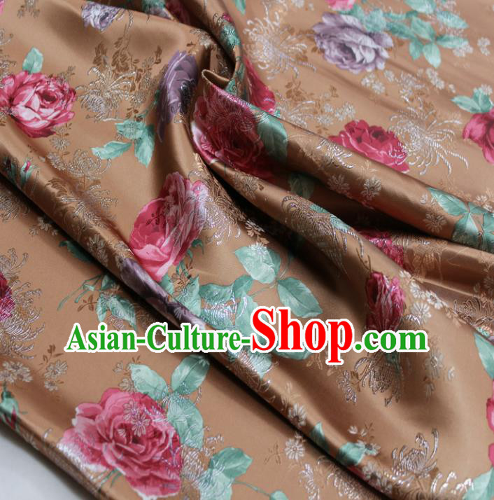 Chinese Traditional Fabric Royal Peony Pattern Brown Brocade Material Hanfu Classical Satin Silk Fabric