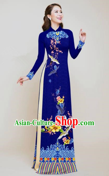 Vietnam Traditional Wedding Printing Flowers Cranes Royalblue Aodai Cheongsam Asian Vietnamese Bride Classical Qipao Dress for Women