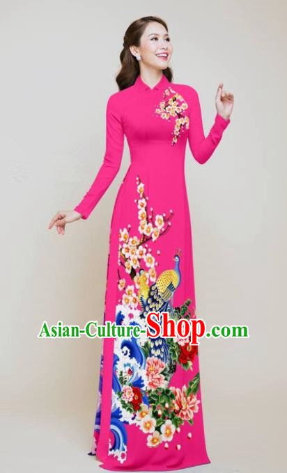 Vietnam Traditional Printing Peacock Peony Rosy Aodai Cheongsam Asian Vietnamese Bride Classical Qipao Dress for Women