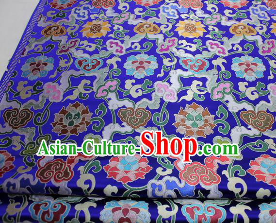 Chinese Traditional Fabric Royal Lotus Pattern Royalblue Brocade Material Hanfu Classical Satin Silk Fabric