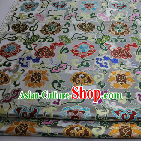 Chinese Traditional Fabric Royal Lotus Pattern White Brocade Material Hanfu Classical Satin Silk Fabric