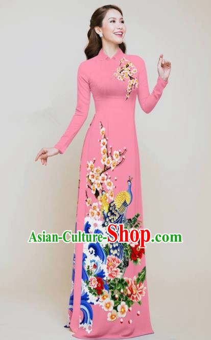 Vietnam Traditional Printing Peacock Peony Pink Aodai Cheongsam Asian Vietnamese Bride Classical Qipao Dress for Women