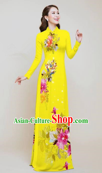 Vietnam Traditional Printing Flowers Yellow Aodai Qipao Dress Asian Vietnamese Bride Classical Cheongsam for Women