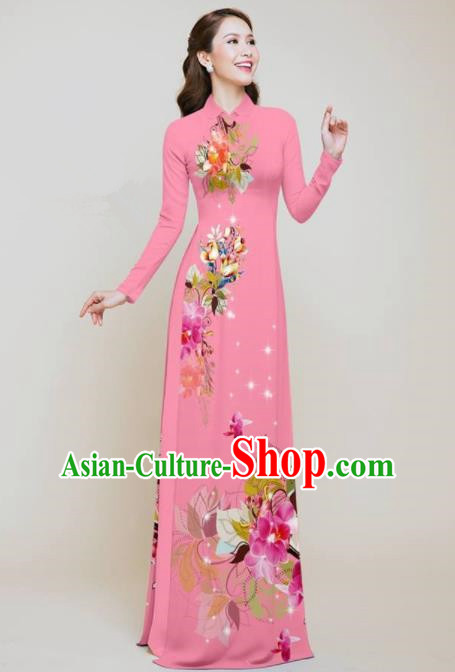 Vietnam Traditional Printing Flowers Pink Aodai Qipao Dress Asian Vietnamese Bride Classical Cheongsam for Women