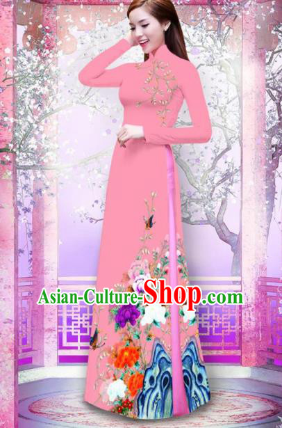 Vietnam Traditional Printing Peony Pink Ao Dai Dress Asian Vietnamese Bride Classical Cheongsam for Women