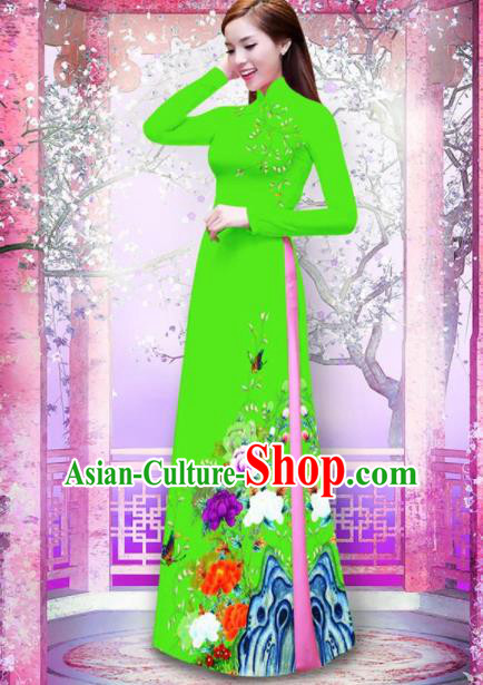 Vietnam Traditional Printing Peony Green Ao Dai Dress Asian Vietnamese Bride Classical Cheongsam for Women