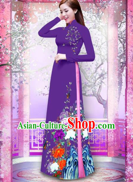 Vietnam Traditional Printing Peony Purple Ao Dai Dress Asian Vietnamese Bride Classical Cheongsam for Women