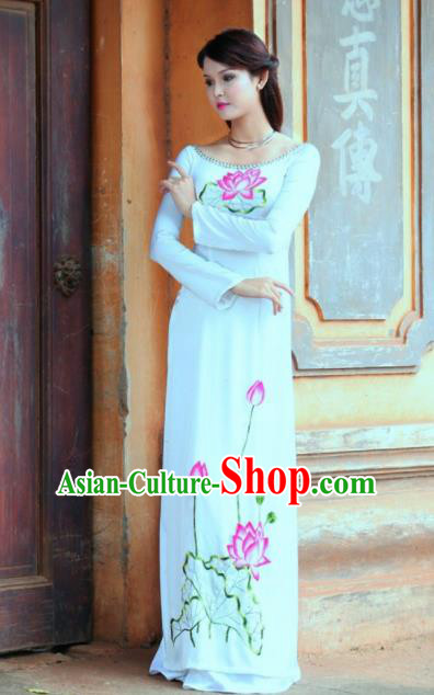 Vietnam Traditional Printing Lotus White Ao Dai Dress Asian Vietnamese Bride Classical Cheongsam for Women