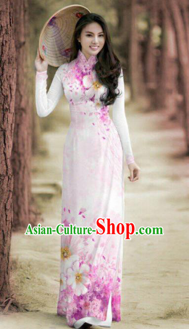 Vietnam Traditional Printing Pink Ao Dai Dress Asian Vietnamese Bride Classical Cheongsam for Women