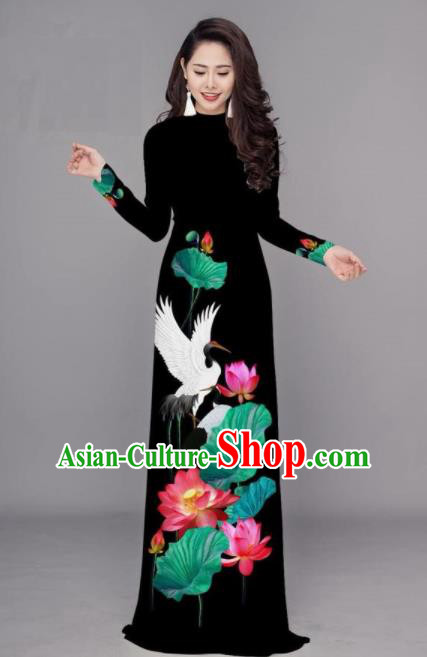 Vietnam Traditional Printing Lotus Black Ao Dai Dress Asian Vietnamese Bride Classical Cheongsam for Women