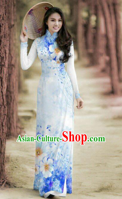 Vietnam Traditional Printing Blue Ao Dai Dress Asian Vietnamese Bride Classical Cheongsam for Women