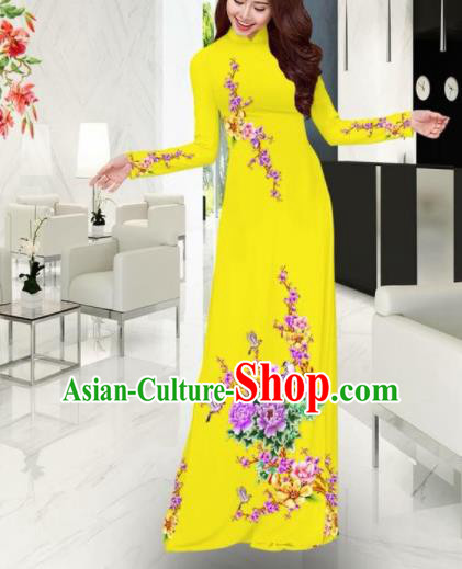 Vietnam Traditional Printing Plum Blossom Peony Yellow Ao Dai Dress Asian Vietnamese Bride Classical Cheongsam for Women