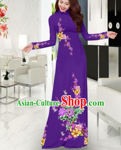 Vietnam Traditional Printing Plum Blossom Peony Purple Ao Dai Dress Asian Vietnamese Bride Classical Cheongsam for Women