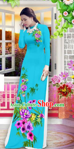 Vietnam Classical Printing Bamboo Lotus Blue Ao Dai Dress Asian Traditional Vietnamese Bride Cheongsam for Women