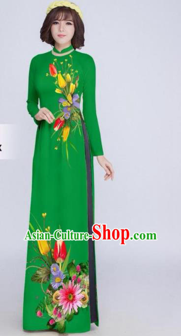 Vietnam Classical Printing Tulip Green Ao Dai Dress Asian Traditional Vietnamese Bride Cheongsam for Women