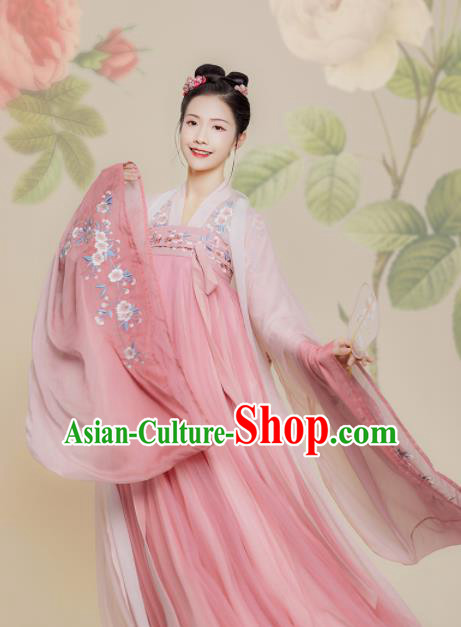 Chinese Traditional Ancient Peri Embroidered Pink Hanfu Dress Tang Dynasty Imperial Princess Historical Costume for Women