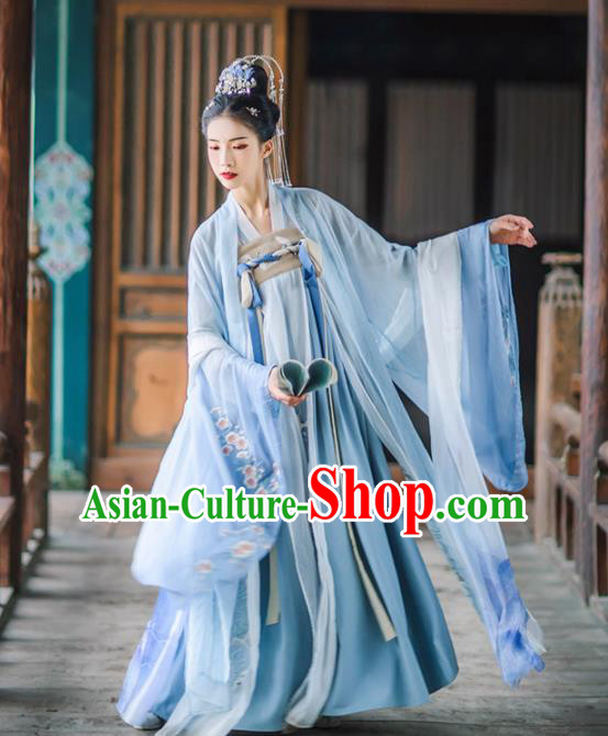 Chinese Traditional Ancient Goddess Embroidered Blue Hanfu Dress Tang Dynasty Imperial Consort Historical Costume for Women