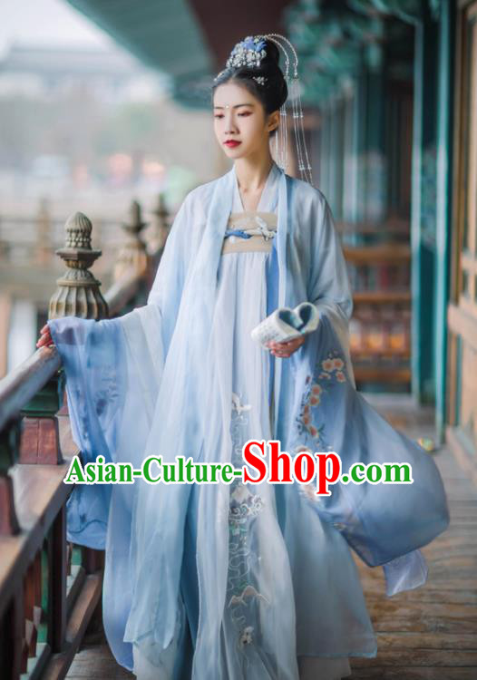 Chinese Traditional Ancient Goddess Embroidered Blue Hanfu Dress Tang Dynasty Imperial Consort Historical Costume for Women