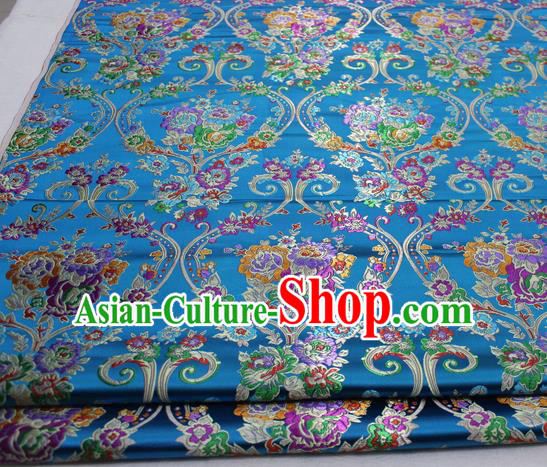 Asian Chinese Traditional Tang Suit Royal Peony Vase Pattern Blue Brocade Satin Fabric Material Classical Silk Fabric