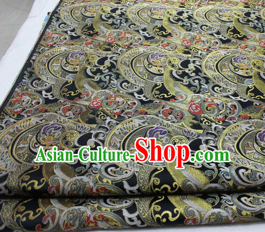 Asian Chinese Traditional Tang Suit Royal Waves Pattern Black Brocade Satin Fabric Material Classical Silk Fabric