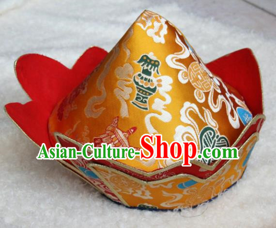Chinese Traditional Buddhist Golden Brocade Hat Tibetan Buddhism Hutukta Hat