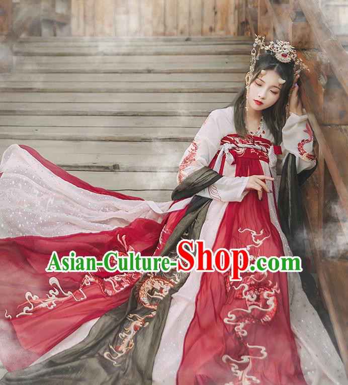 Chinese Ancient Goddess Red Hanfu Dress Traditional Tang Dynasty Court Lady Embroidered Historical Costume for Women