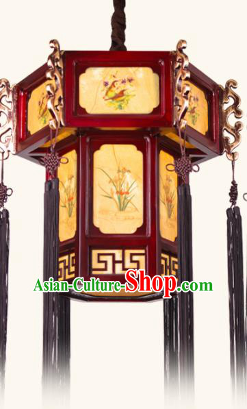 Chinese Traditional Wood Hanging Lantern Handmade New Year Ink Painting Palace Lanterns Ceiling Lamp