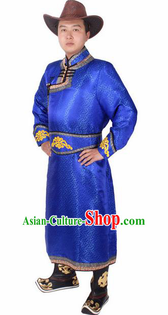 Chinese Ethnic Prince Costume Royalblue Mongolian Robe Traditional Mongol Nationality Folk Dance Clothing for Men