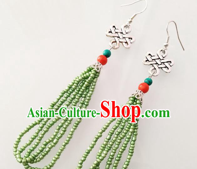 Traditional Chinese Mongol Nationality Green Beads Ear Accessories Mongolian Ethnic Folk Dance Earrings for Women