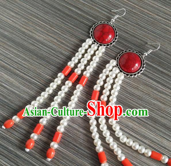 Traditional Chinese Mongol Nationality Orange Ear Accessories Mongolian Ethnic Folk Dance Earrings for Women