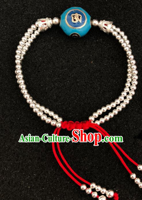 Traditional Chinese Mongol Nationality Blue Bead Sliver Bracelet Accessories Mongolian Ethnic Bangle for Women