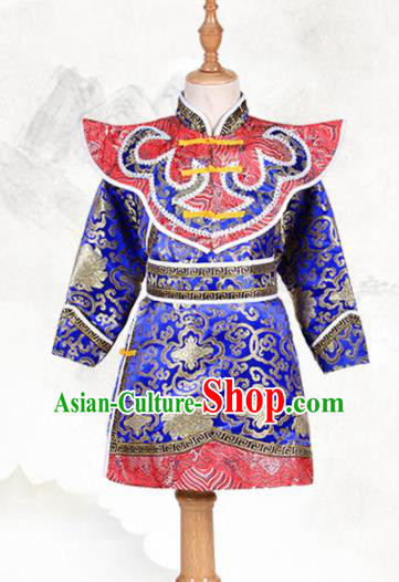 Chinese Ethnic Costume Royalblue Brocade Robe Traditional Mongol Nationality Folk Dance Clothing for Kids