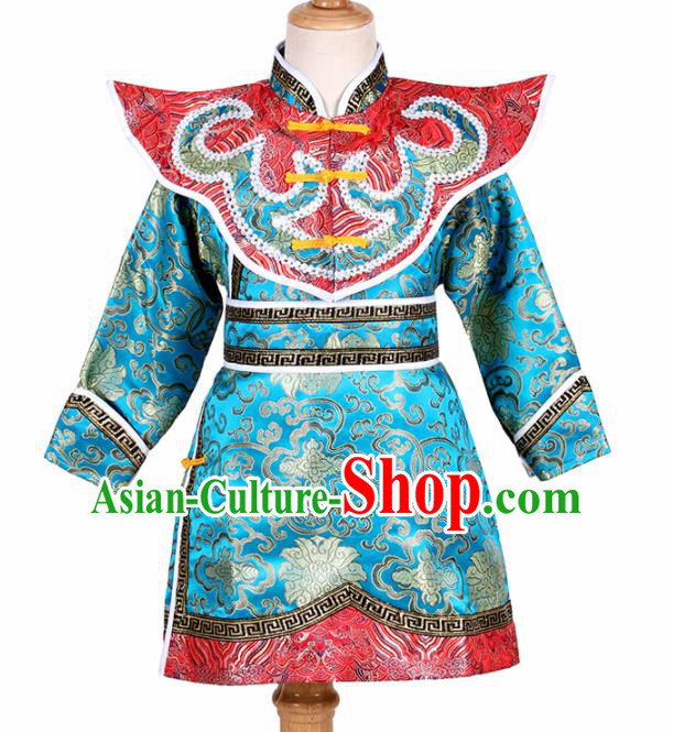 Chinese Ethnic Costume Blue Brocade Robe Traditional Mongol Nationality Folk Dance Clothing for Kids