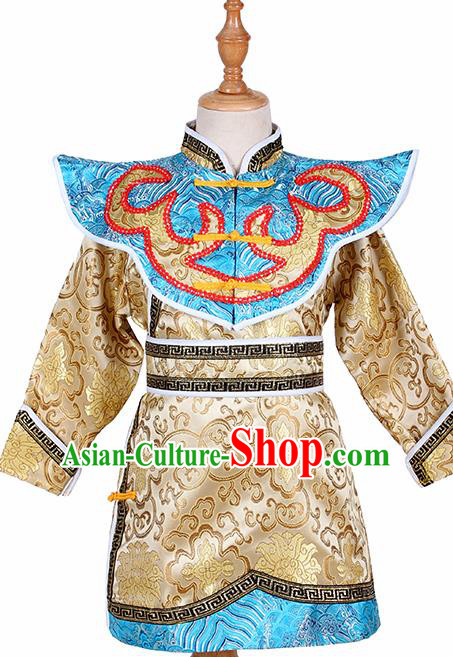 Chinese Ethnic Costume Golden Brocade Robe Traditional Mongol Nationality Folk Dance Clothing for Kids