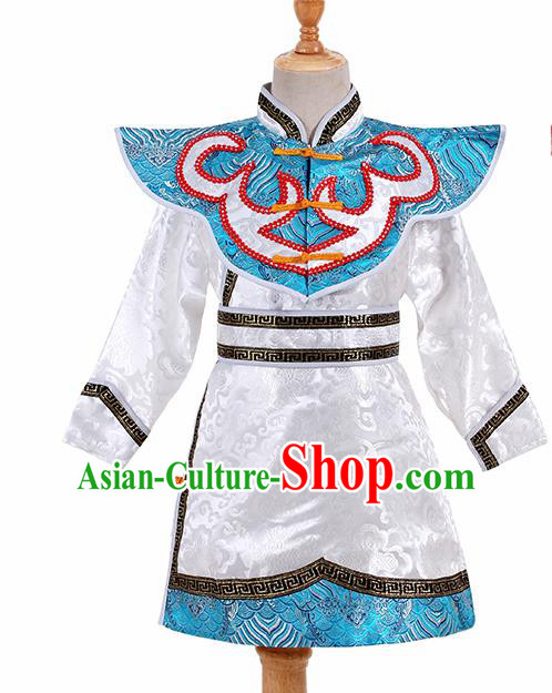 Chinese Ethnic Costume White Brocade Robe Traditional Mongol Nationality Folk Dance Clothing for Kids