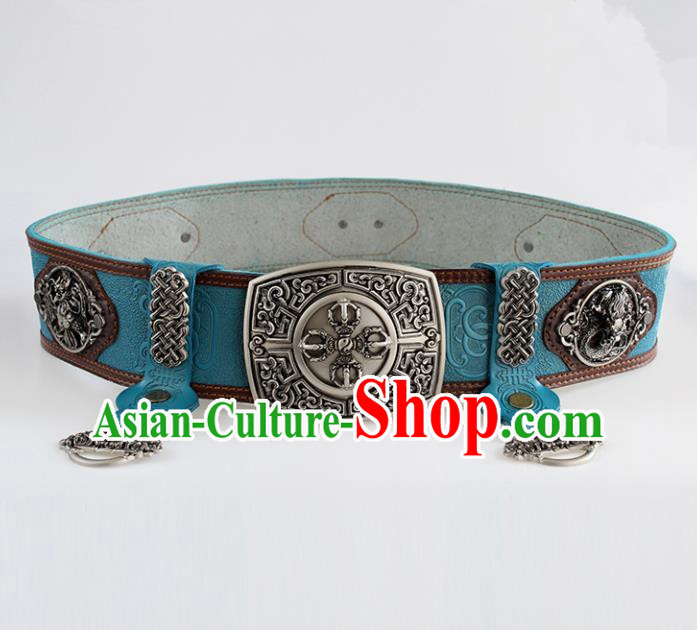 Chinese Mongolian Ethnic Waist Accessories Traditional Mongol Nationality Blue Leather Belts for Men