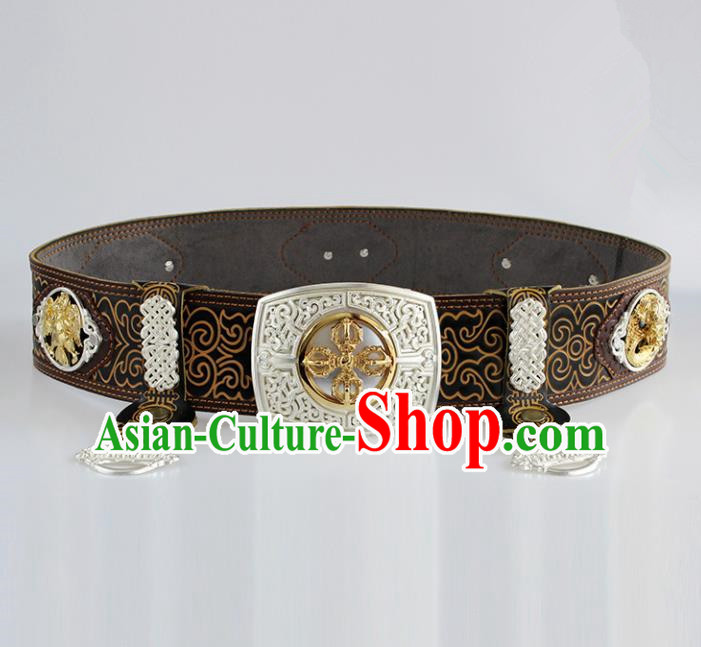 Chinese Mongolian Ethnic Waist Accessories Traditional Mongol Nationality Black Leather Belts for Men