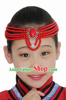 Chinese Mongolian Ethnic Red Beads Hair Accessories Traditional Mongol Nationality Folk Dance Headband for Kids