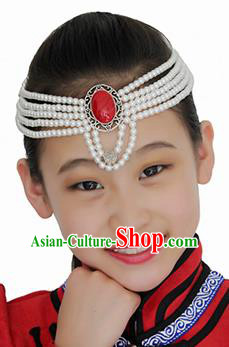Chinese Mongolian Ethnic White Beads Hair Accessories Traditional Mongol Nationality Folk Dance Headband for Kids