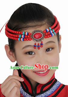 Chinese Mongolian Ethnic Red Beads Tassel Hair Accessories Traditional Mongol Nationality Folk Dance Headband for Kids