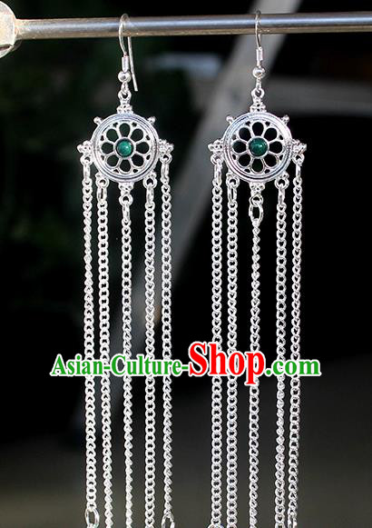 Chinese Mongolian Ethnic Green Bead Ear Accessories Traditional Mongol Nationality Folk Dance Earrings for Women