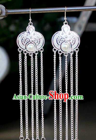 Chinese Mongolian Ethnic White Bead Ear Accessories Traditional Mongol Nationality Folk Dance Earrings for Women