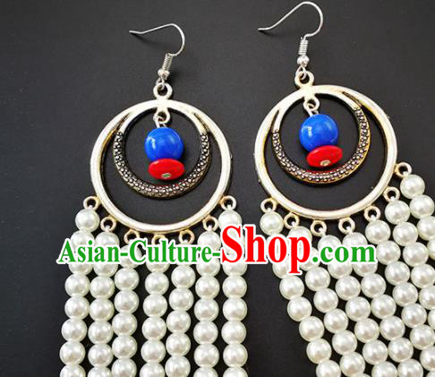 Traditional Chinese Mongolian Ethnic Folk Dance Ear Accessories Mongol Nationality White Beads Earrings for Women