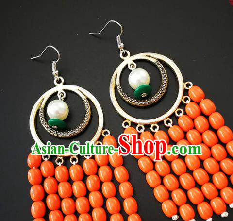 Traditional Chinese Mongolian Ethnic Folk Dance Ear Accessories Mongol Nationality Orange Beads Earrings for Women