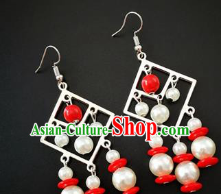 Traditional Chinese Mongolian Ethnic White Beads Ear Accessories Mongol Nationality Folk Dance Earrings for Women