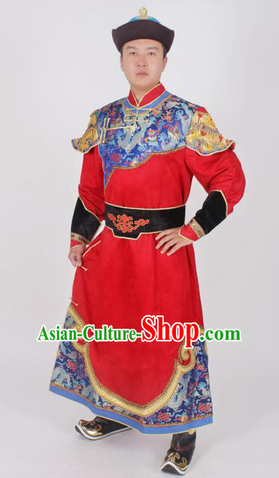 Chinese Ethnic Prince Costume Red Suede Fabric Mongolian Robe Traditional Mongol Nationality Folk Dance Clothing for Men
