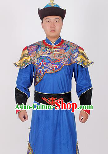 Chinese Ethnic Prince Costume Blue Suede Fabric Mongolian Robe Traditional Mongol Nationality Folk Dance Clothing for Men