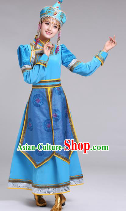 Chinese Mongolian Ethnic Folk Dance Blue Dress Traditional Mongol Nationality Princess Costume for Women